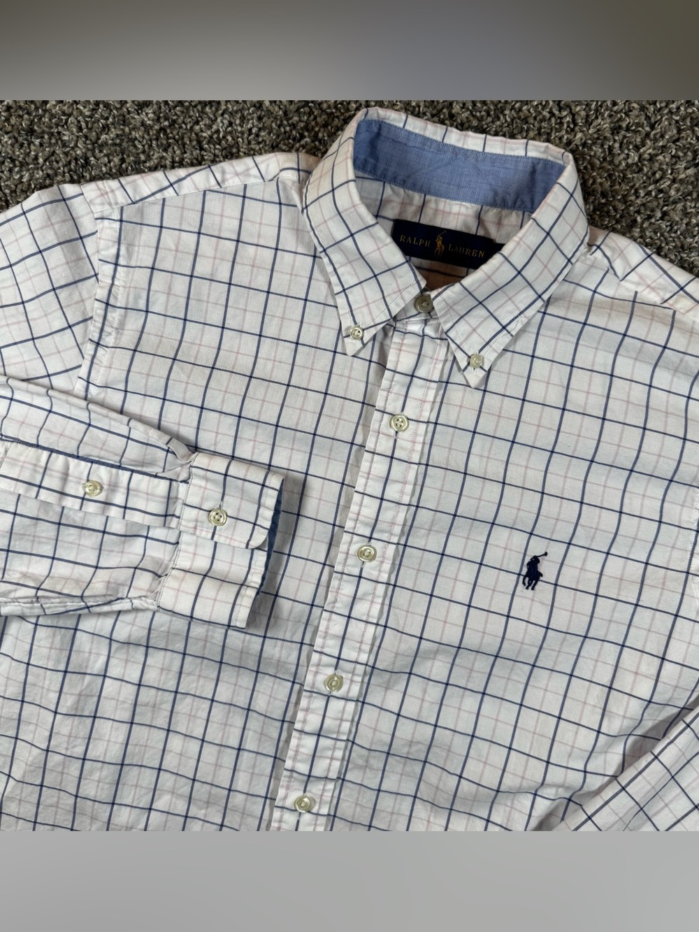 Ralph Lauren Mens Medium White Pink Blue Windowpane Button Down Shirt Pony